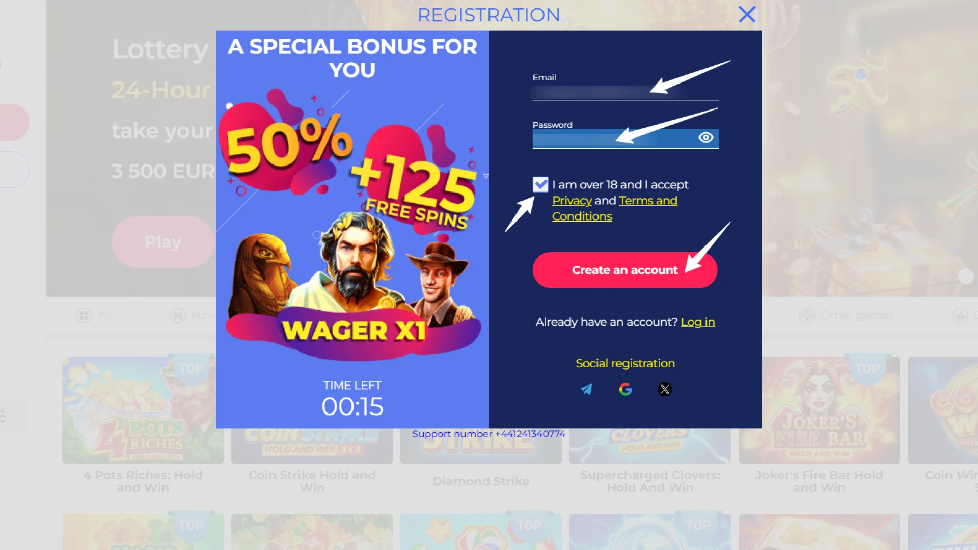 Register a new personal account on the Casper Spins official site.