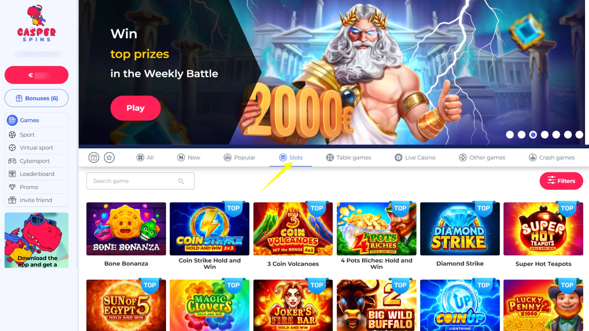 Play your favorite games and track the Casper Spins account balance.