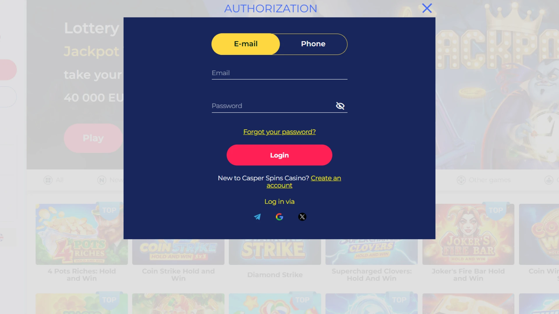 Access your personal Casper Spins Casino account to continue playing.